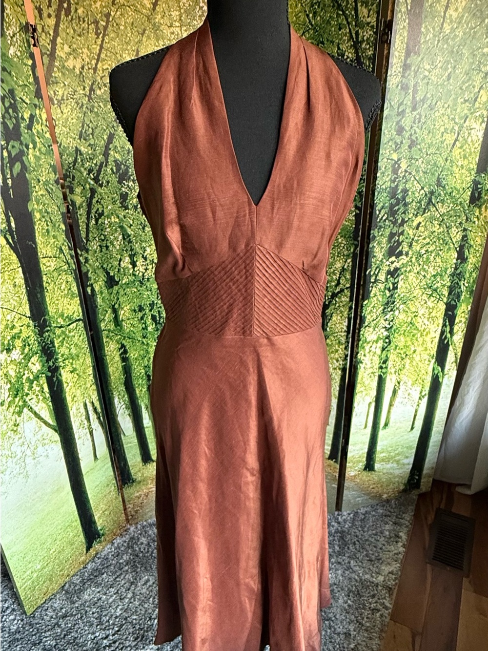 Cynthia Howie Linen Silk Halter Dress Bronze Copper Pintuck Midi Gown Size 6